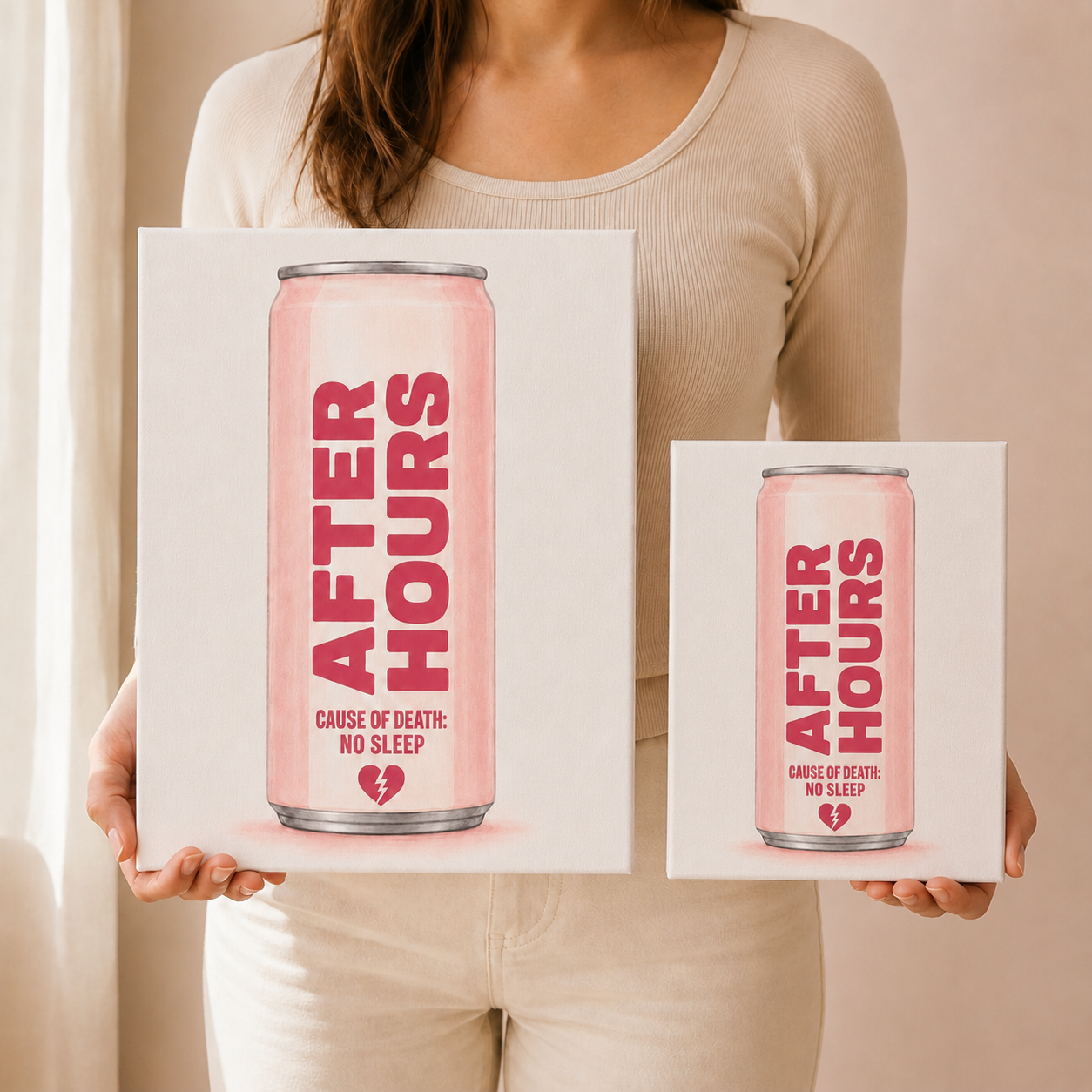 Woman holding Standard 8 x 10 and Large 11 x 14 After Hours canvases