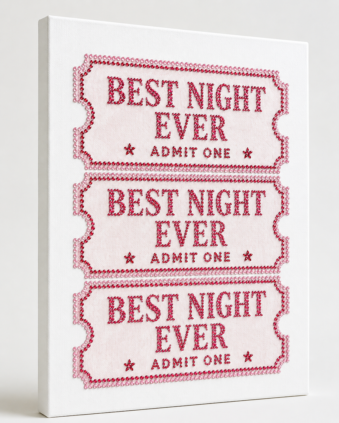 Best Night Ever rhinestone detail on plain white canvas