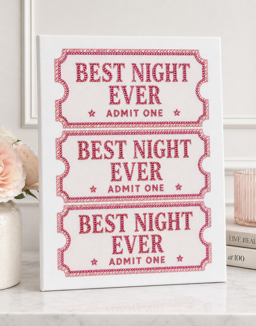 Finished Best Night Ever rhinestone design on plain white canvas