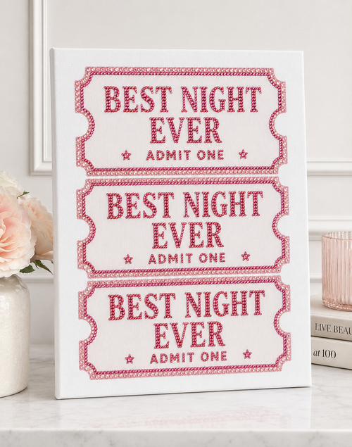 Finished Best Night Ever rhinestone design on plain white canvas