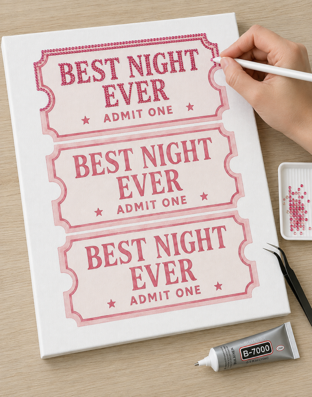 Best Night Ever DIY kit in progress on plain white canvas