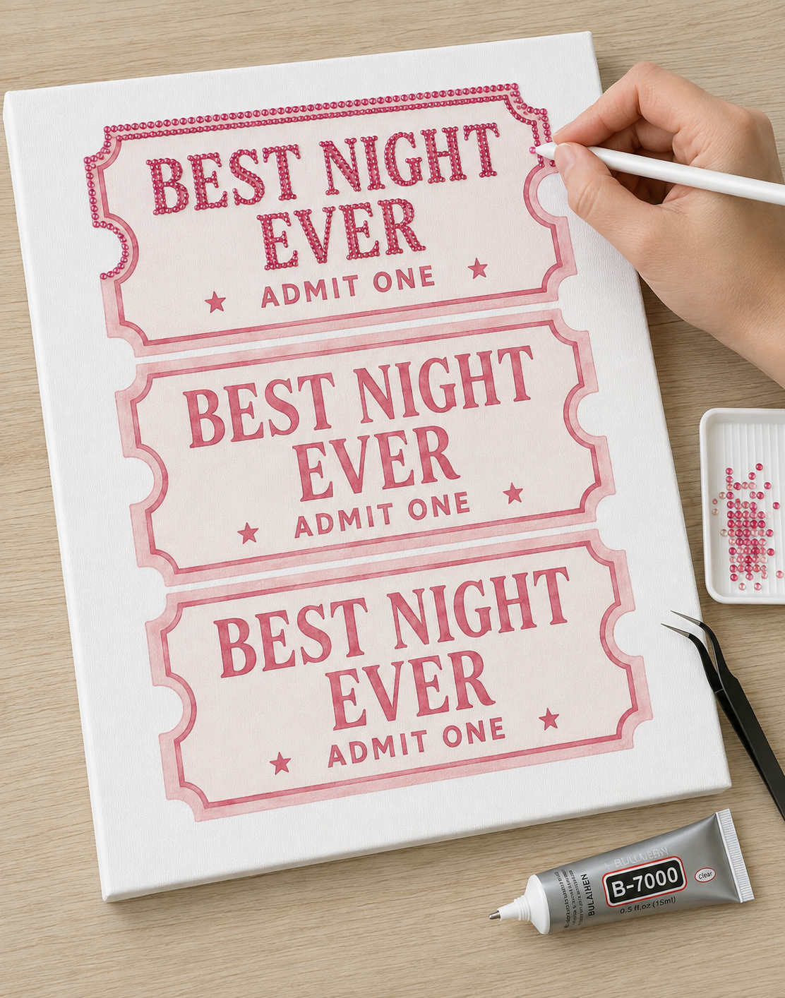 Best Night Ever DIY kit in progress on plain white canvas