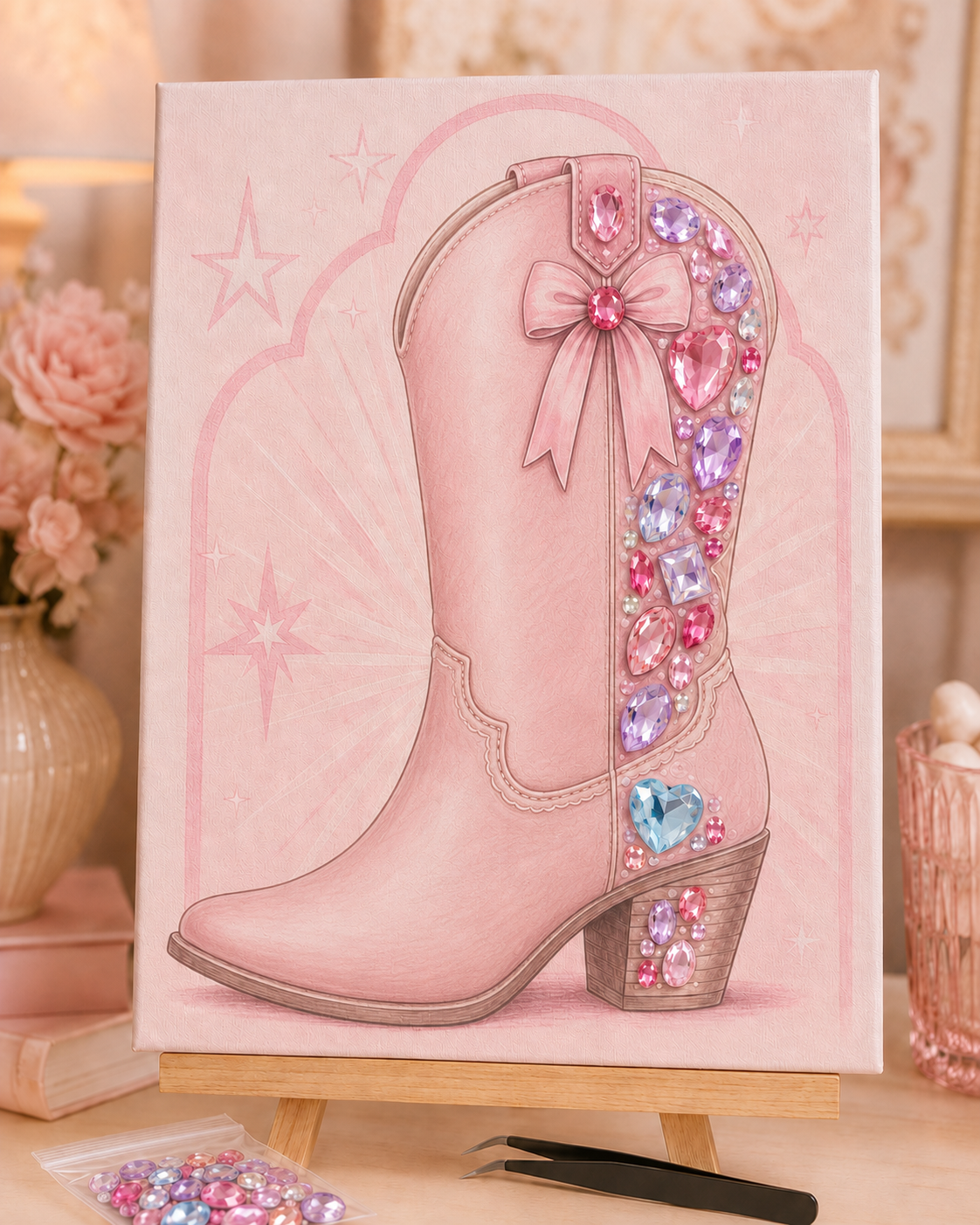 Half-finished pink cowboy boot DIY gem sticker canvas showing freestyle gem placement