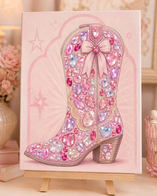 Finished Bling Rodeo pink cowboy boot DIY gem sticker canvas kit