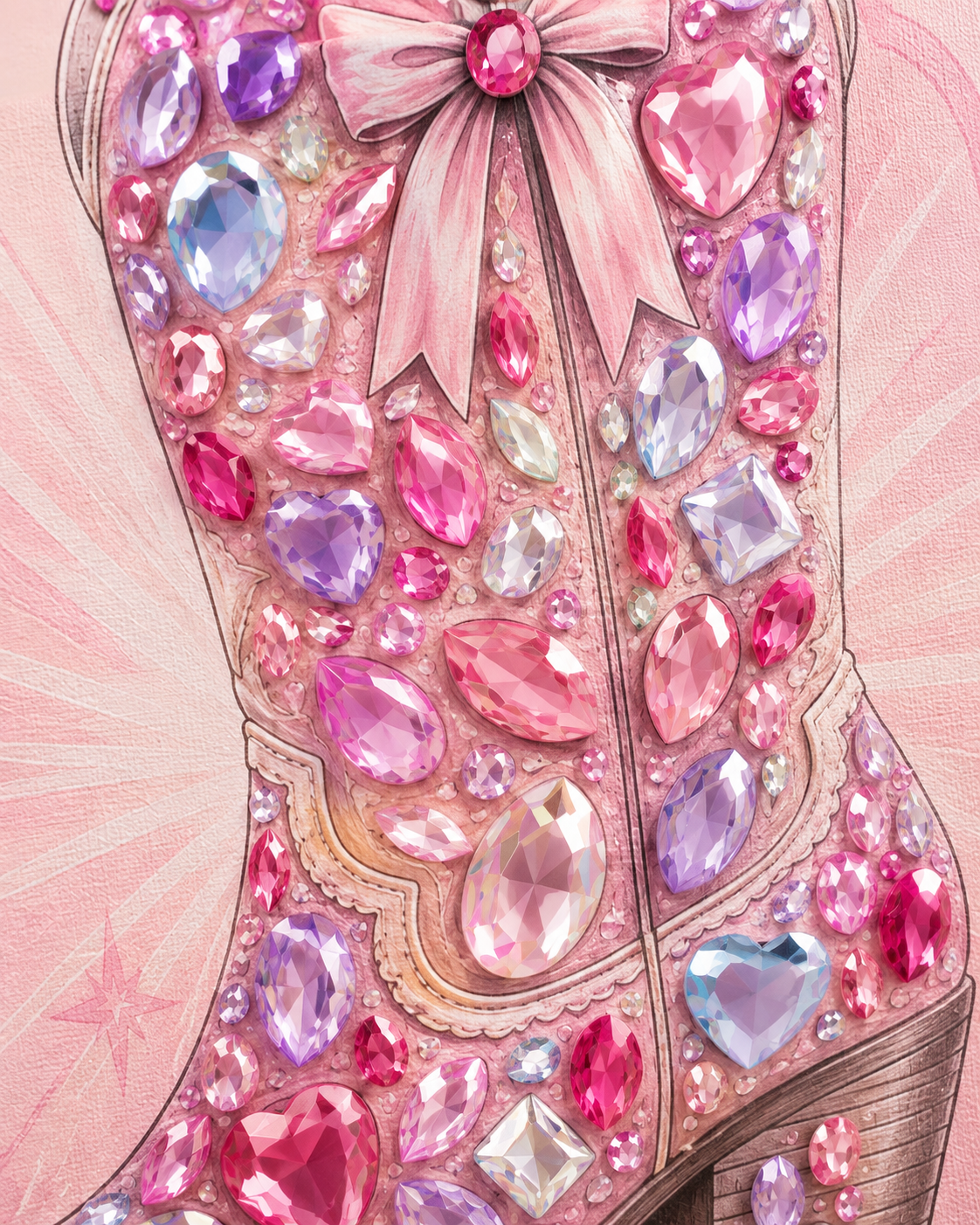 Close-up of jumbo peel-and-stick gems on pink cowboy boot canvas