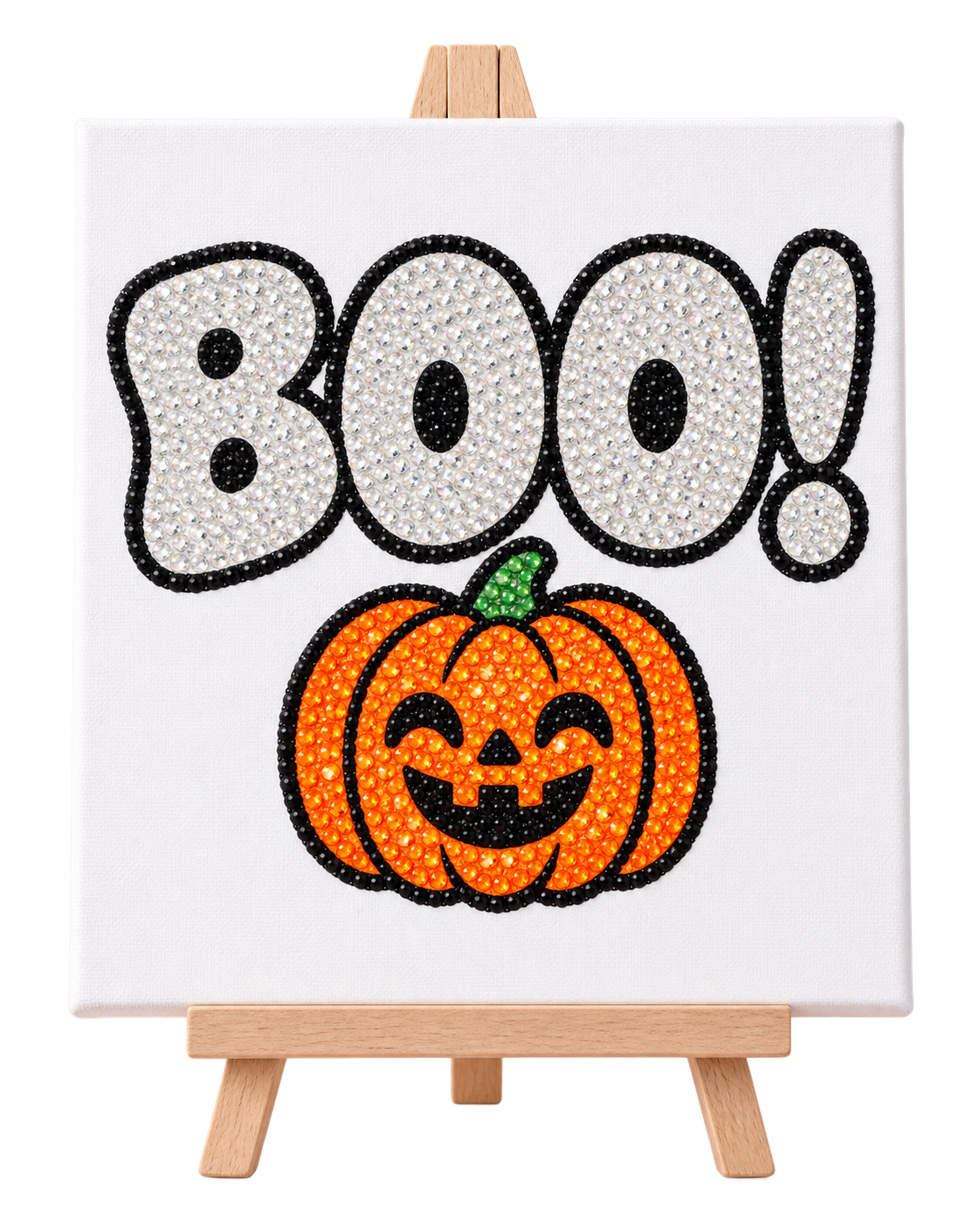 Finished BOO Pumpkin rhinestone canvas displayed on a wooden easel