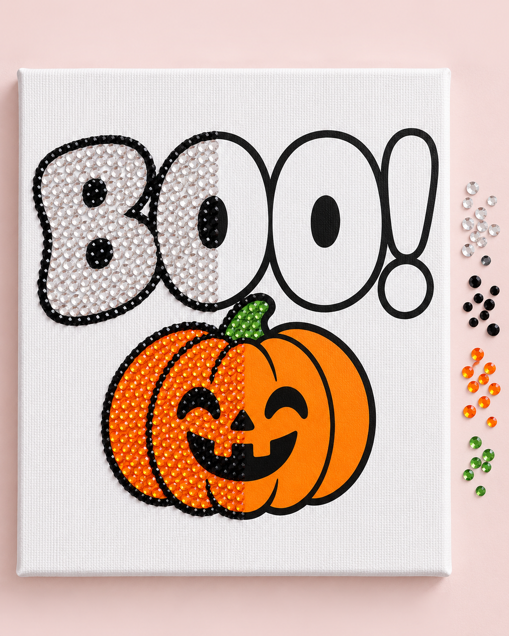BOO Pumpkin canvas half completed with colour-matched rhinestones