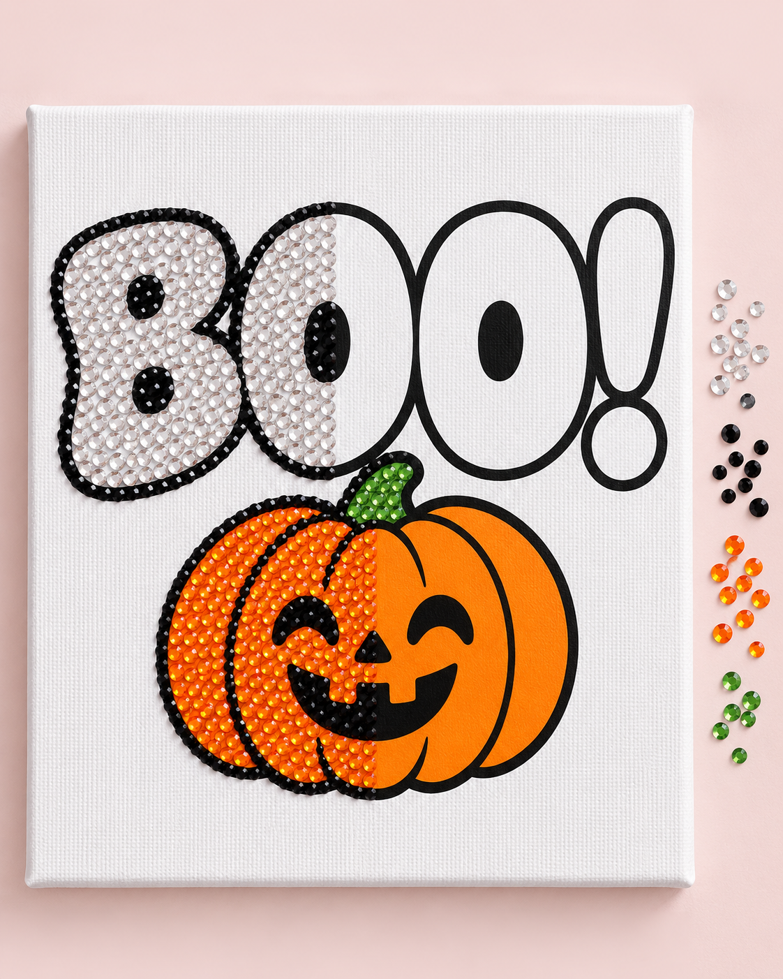 BOO Pumpkin canvas half completed with colour-matched rhinestones
