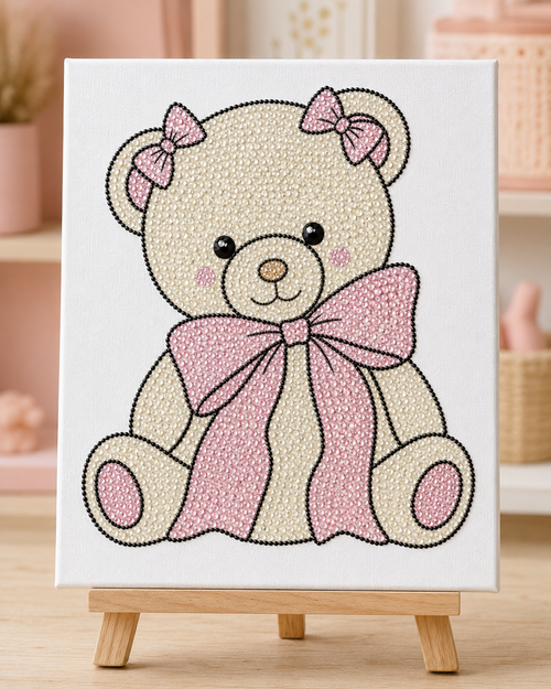 Finished Bow Bear rhinestone canvas displayed on a wooden easel