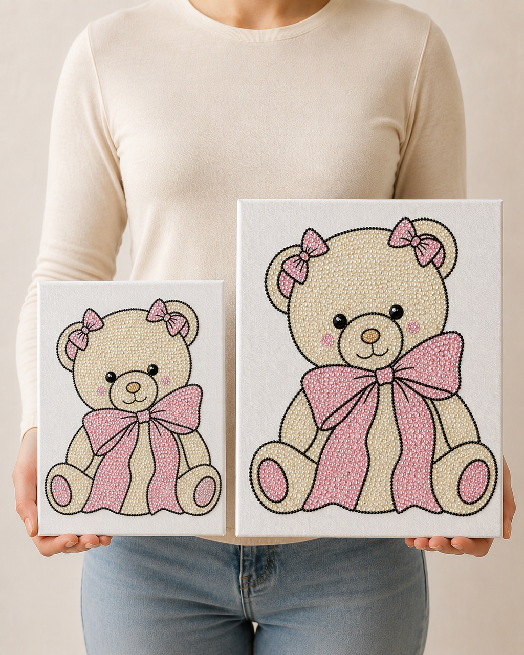 Bow Bear bedazzle canvas kit shown in 8 x 10 and 11 x 14 inch sizes