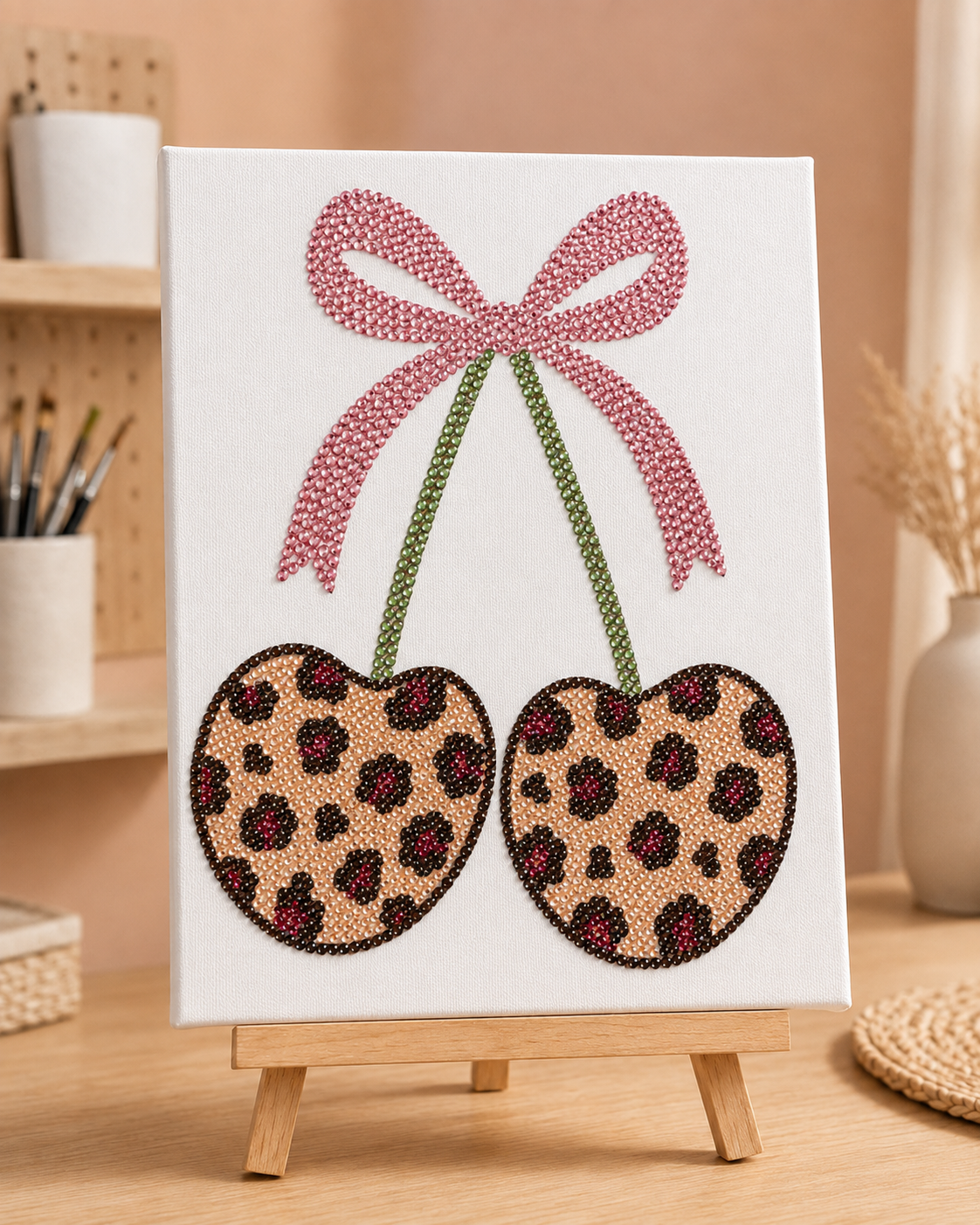 Finished Cherry Cheetah rhinestone canvas displayed on a wooden easel
