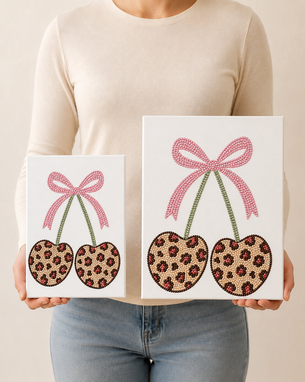Cherry Cheetah bedazzle canvas kit shown in 8 x 10 and 11 x 14 inch sizes