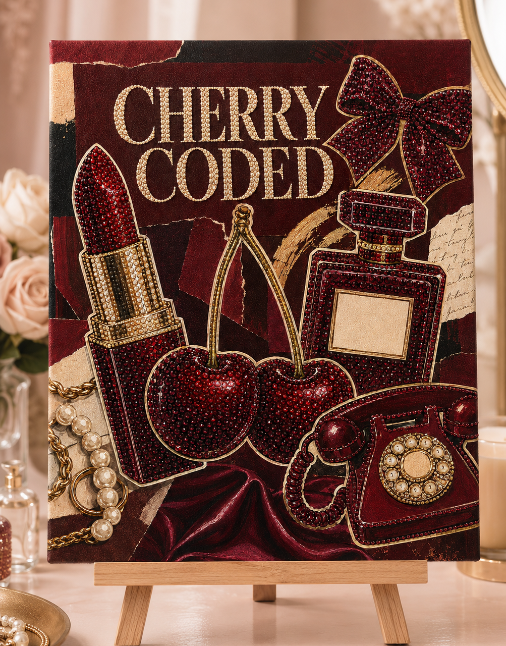 Finished Cherry Coded rhinestone canvas displayed on a small wooden easel