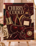 Finished Cherry Coded rhinestone canvas displayed on a small wooden easel