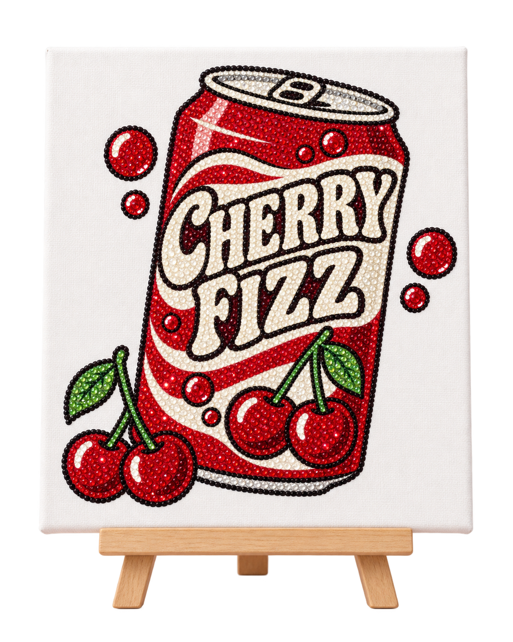 Finished Cherry Fizz rhinestone canvas displayed on a wooden easel