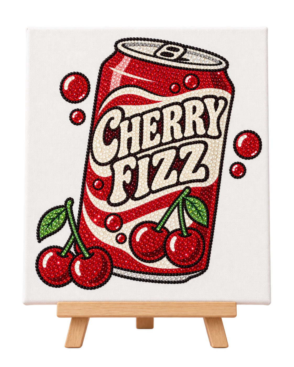Finished Cherry Fizz rhinestone canvas displayed on a wooden easel