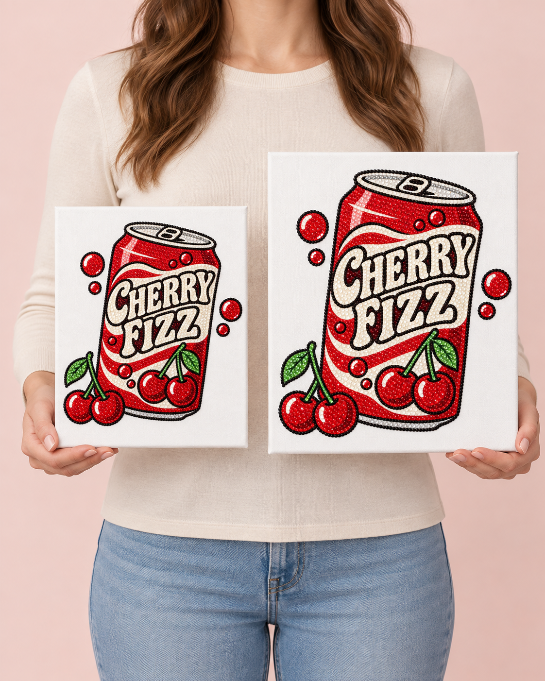 Standard 8 by 10 and Large 11 by 14 Cherry Fizz canvases held side by side