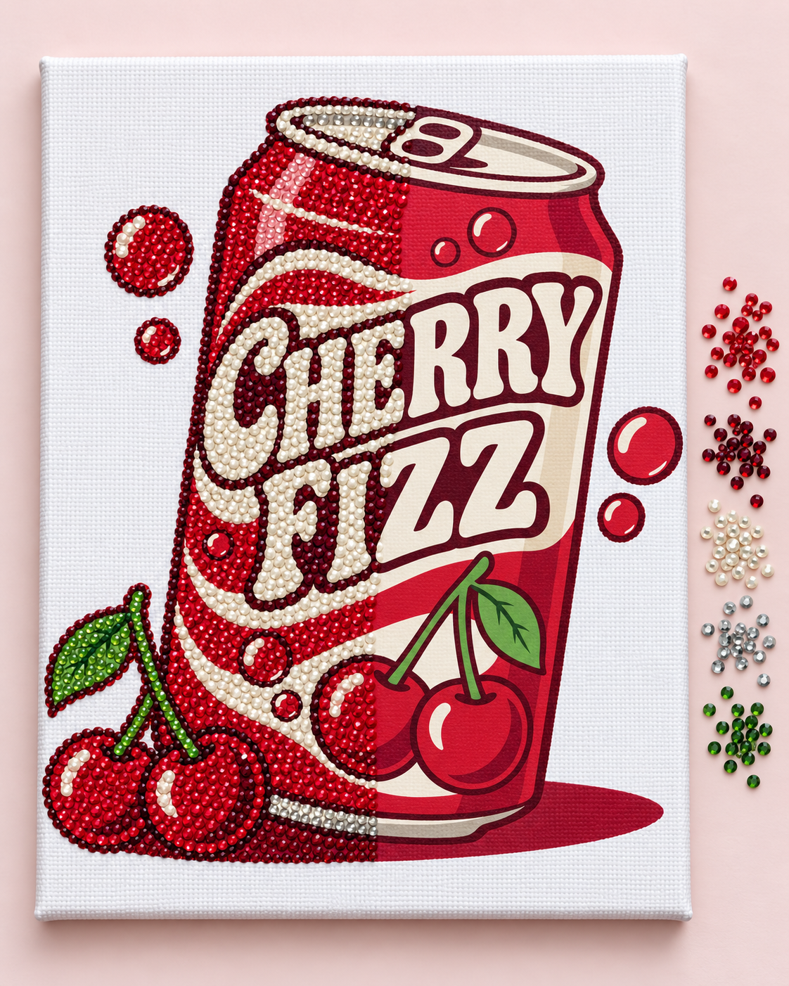 Cherry Fizz canvas half completed with colour-matched rhinestones