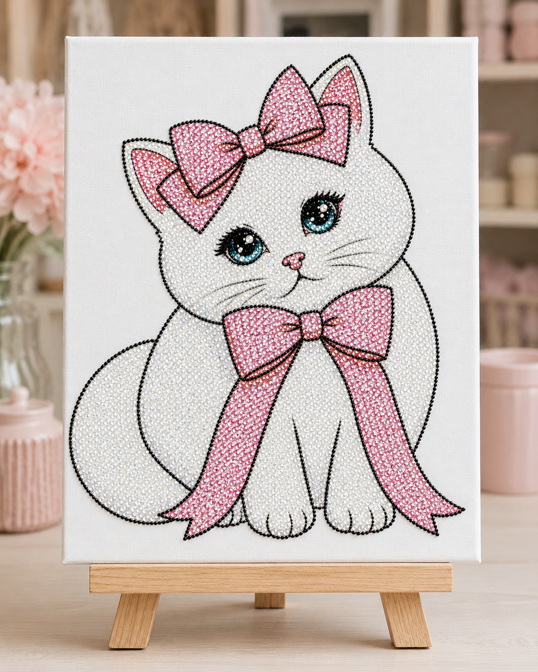Finished Coquette Kitty rhinestone canvas displayed on a wooden easel