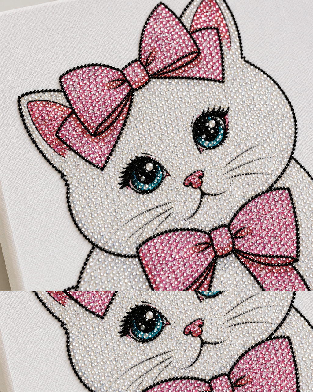 Close-up of pearly white, pink and turquoise rhinestones on the Coquette Kitty canvas