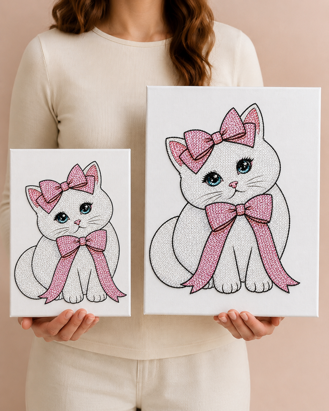 Coquette Kitty bedazzle canvas kit shown in 8 x 10 and 11 x 14 inch sizes