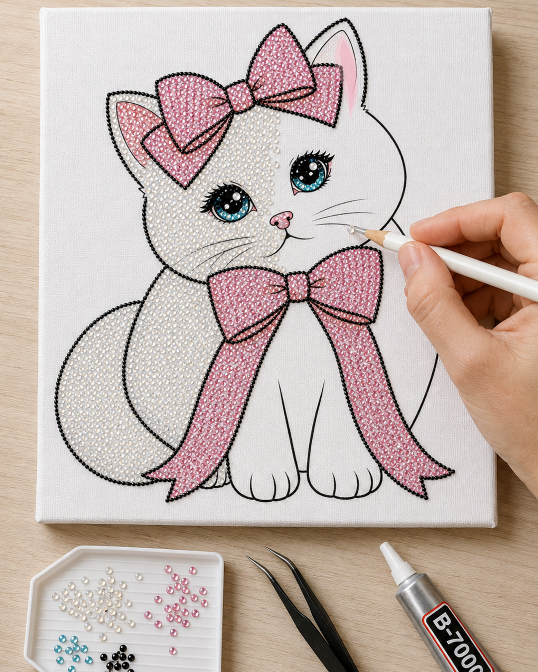 Coquette Kitty DIY bedazzle canvas kit in progress with soft pink inner ears, colour-matched rhinestones and B-7000 glue