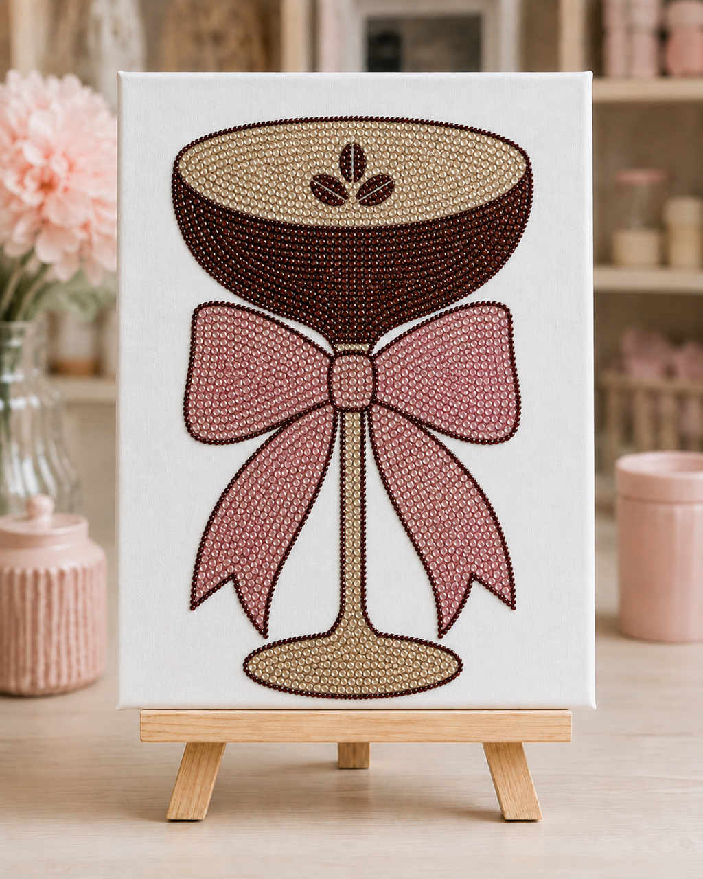 Finished Espresso Martini rhinestone canvas with satin bow displayed on a small wooden easel