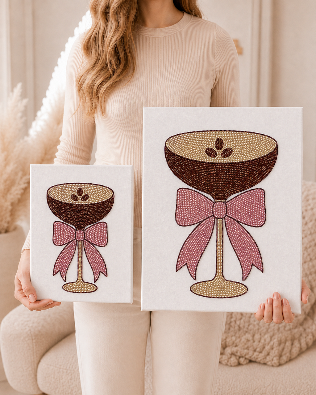 Standard 8 by 10 and Large 11 by 14 Espresso Martini canvases held side by side