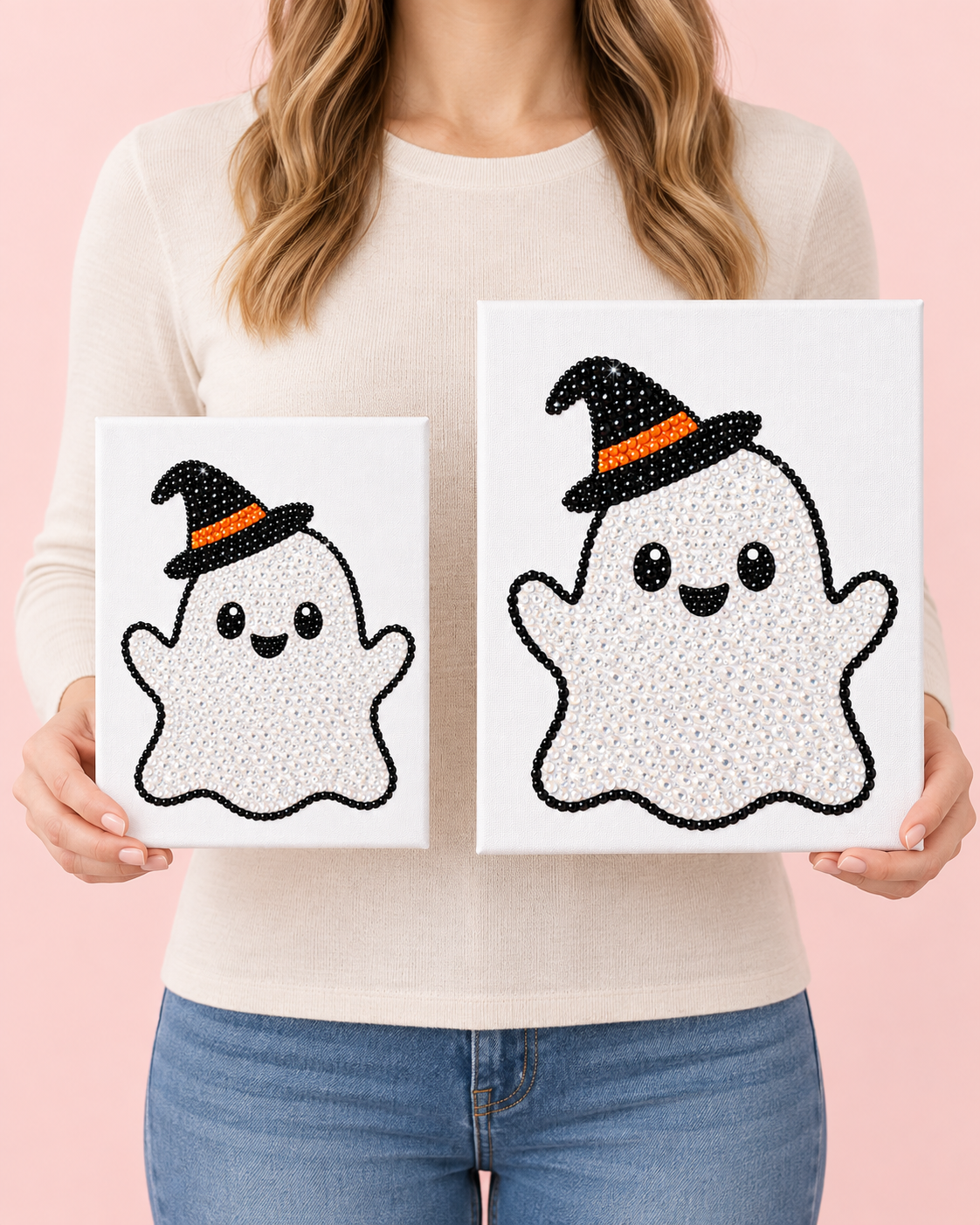 Standard 8 by 10 and Large 11 by 14 Little Witch Ghost canvases held side by side