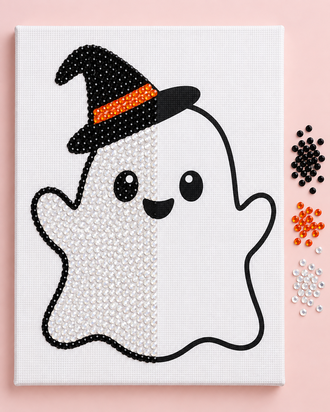 Little Witch Ghost canvas half completed with colour-matched rhinestones