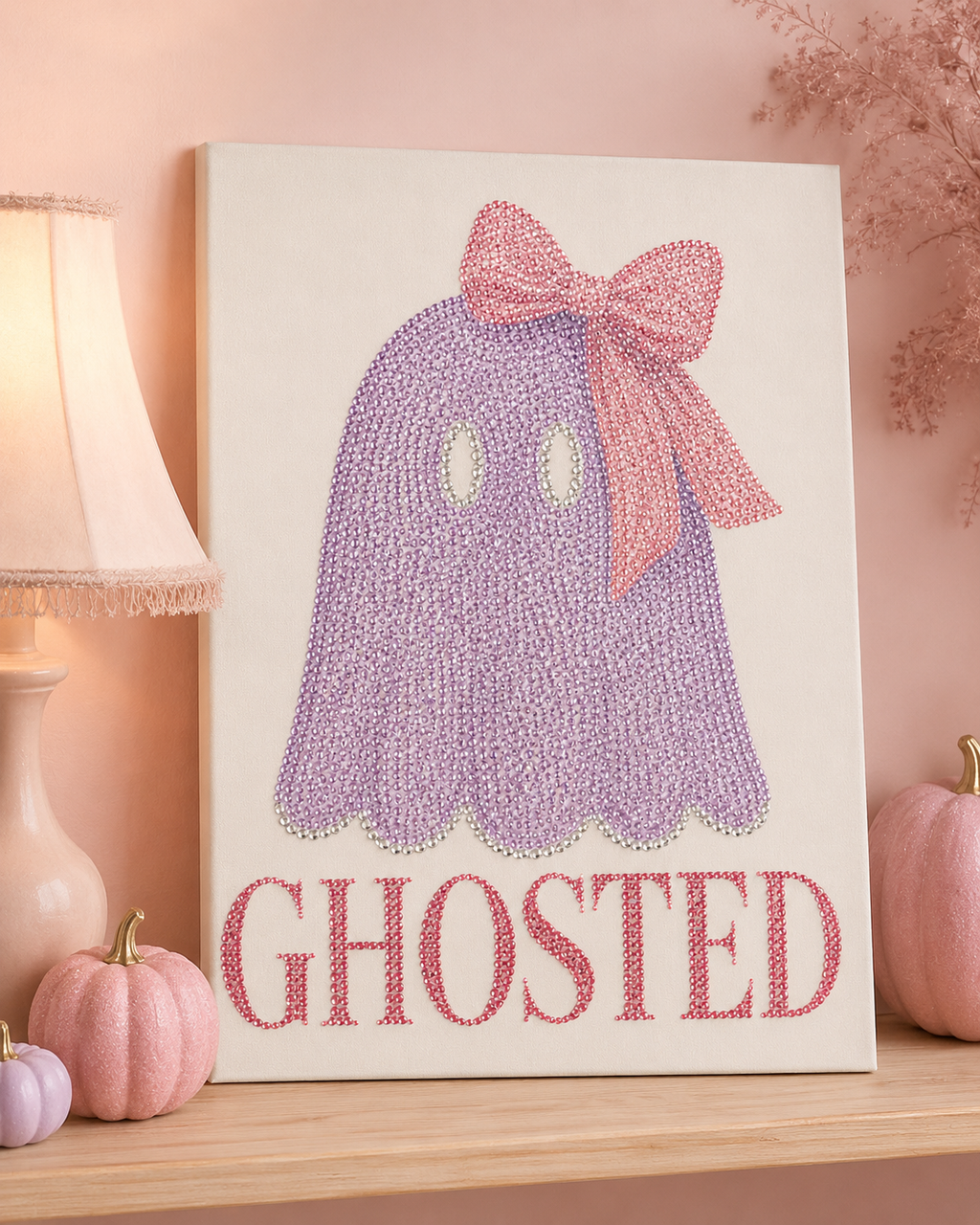 Completed Ghosted bedazzled canvas displayed in a room