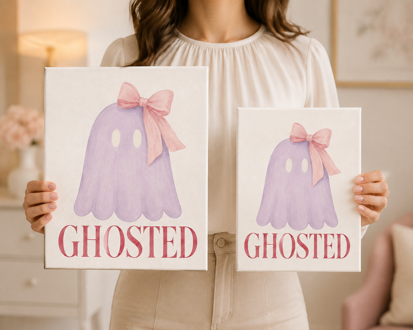 Woman holding Standard 8 x 10 and Large 11 x 14 Ghosted canvases