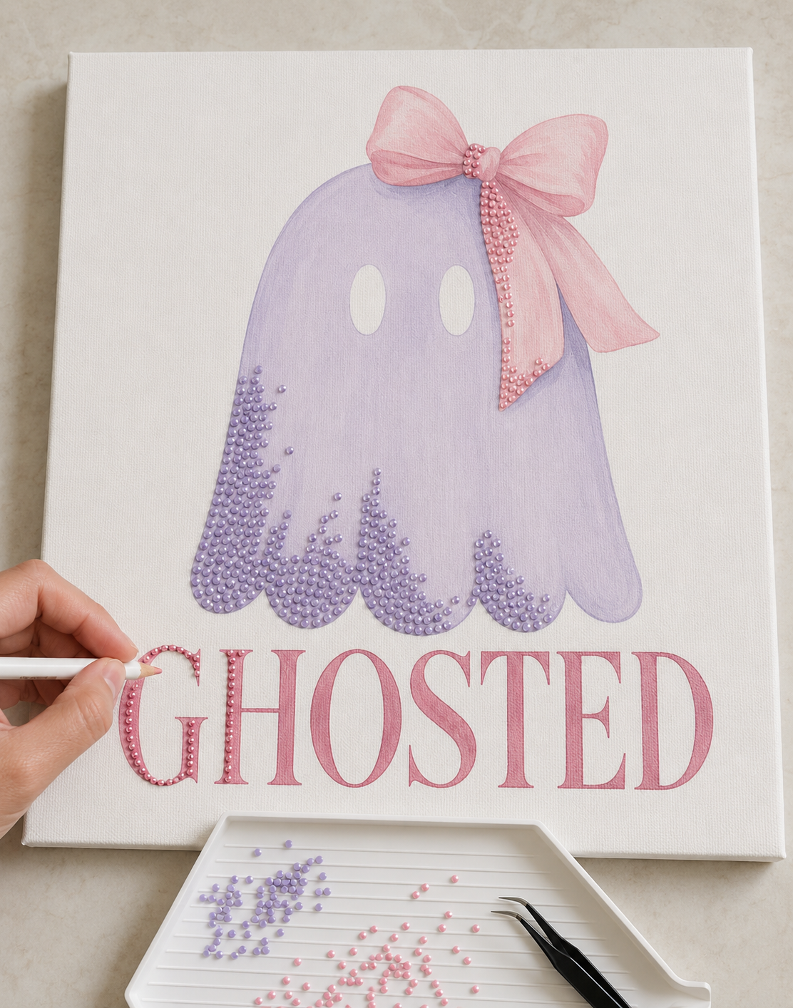 Ghosted Large 11 x 14 canvas being bedazzled