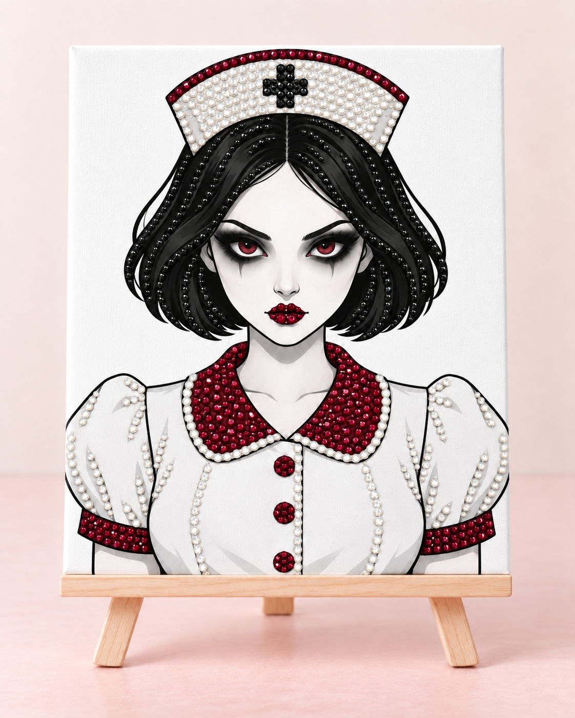 Finished Haunted Night Shift nurse canvas with round black burgundy and crystal rhinestones on a wooden easel