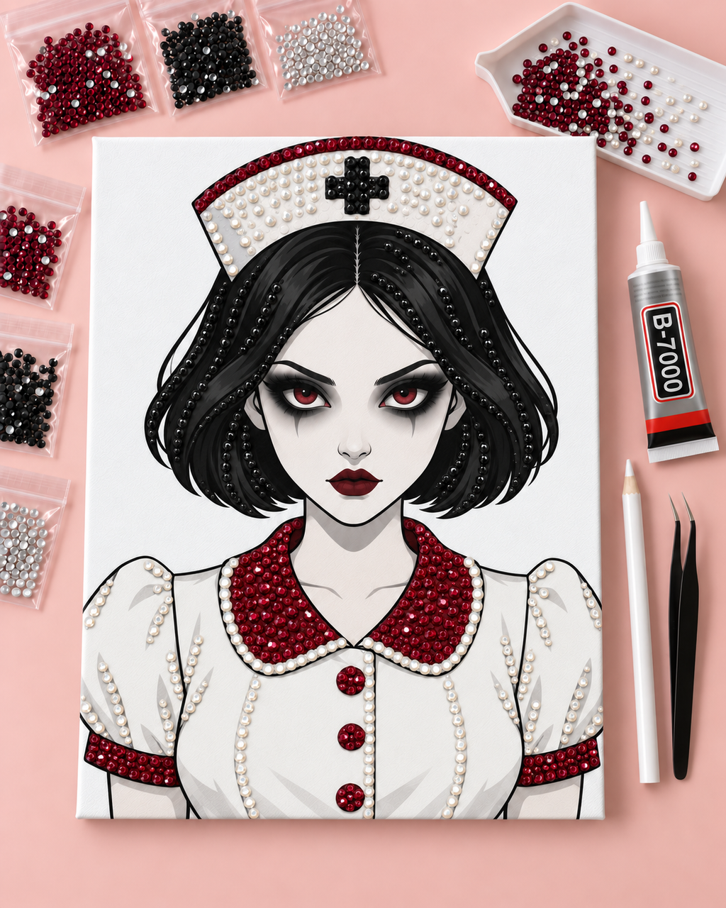 Haunted Night Shift nurse canvas in progress with round rhinestones, B-7000 glue and included tools