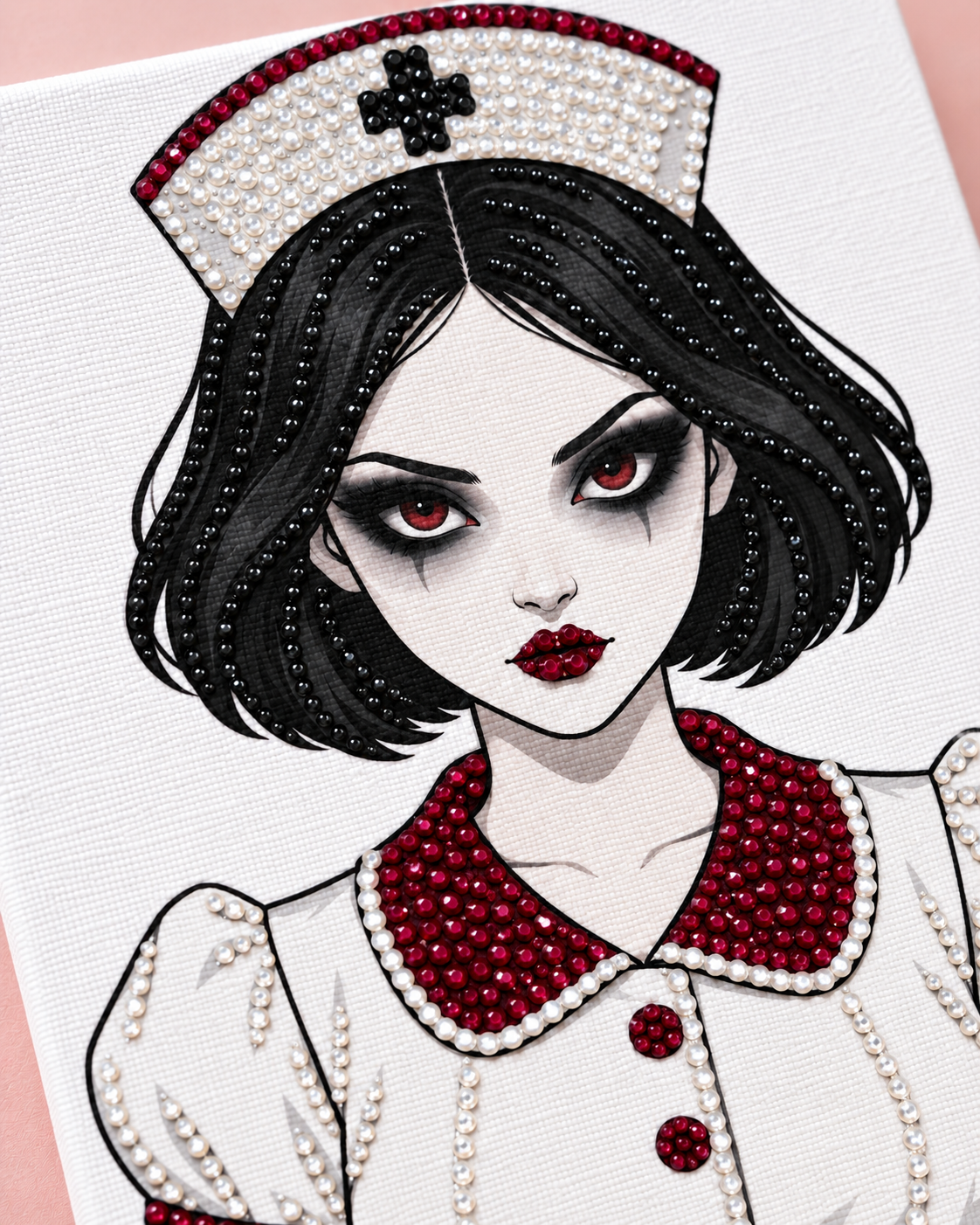 Close-up of round black burgundy and crystal rhinestones on the Haunted Night Shift nurse Halloween canvas