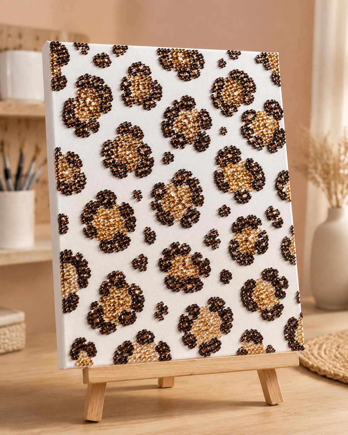 Completed Leopard Print bedazzled canvas displayed in a cosy room