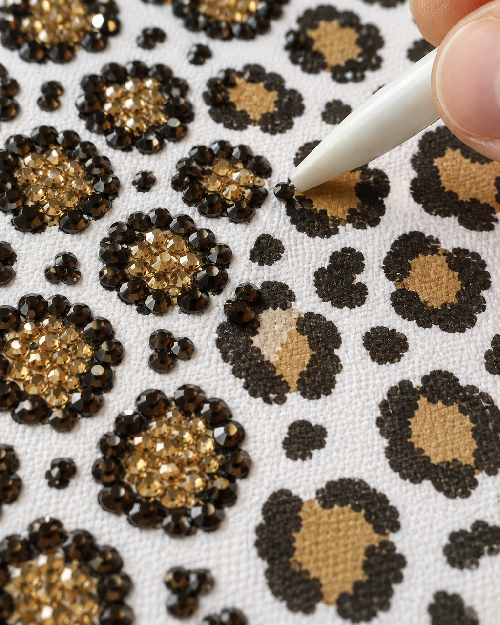 Close-up of caramel gold and dark chocolate rhinestones on the Leopard Print canvas