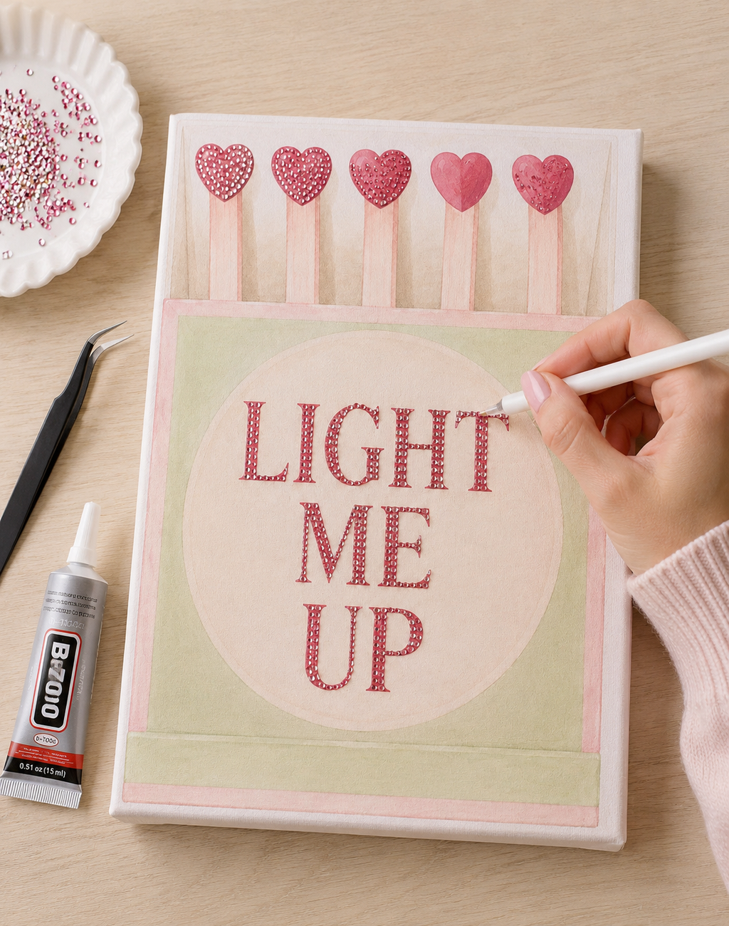 Light Me Up DIY bedazzle canvas kit in progress