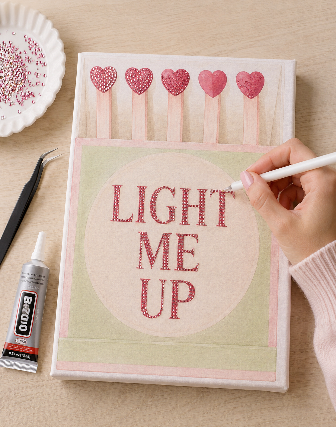 Light Me Up DIY bedazzle canvas kit in progress