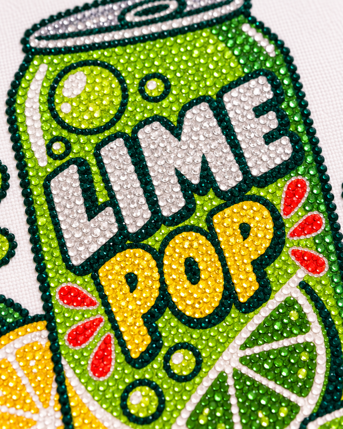 Close-up of lime green yellow white and teal rhinestones on Lime Pop canvas