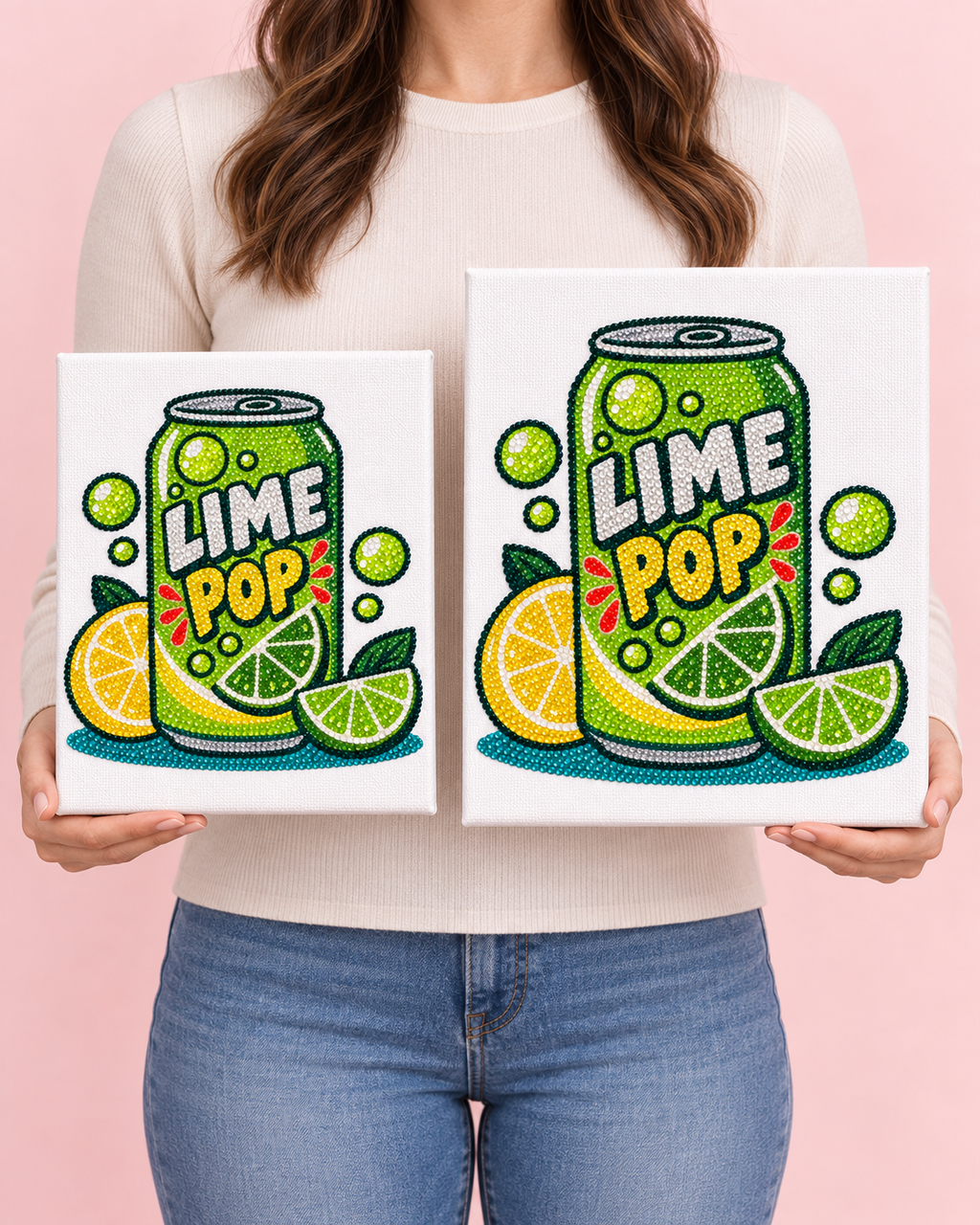 Standard 8 by 10 and Large 11 by 14 Lime Pop canvases held side by side