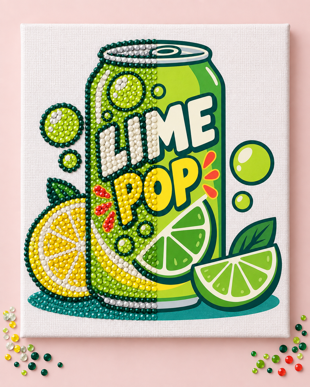 Lime Pop canvas half completed with colour-matched rhinestones