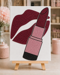 Finished Lip Service rhinestone canvas displayed on a small wooden easel