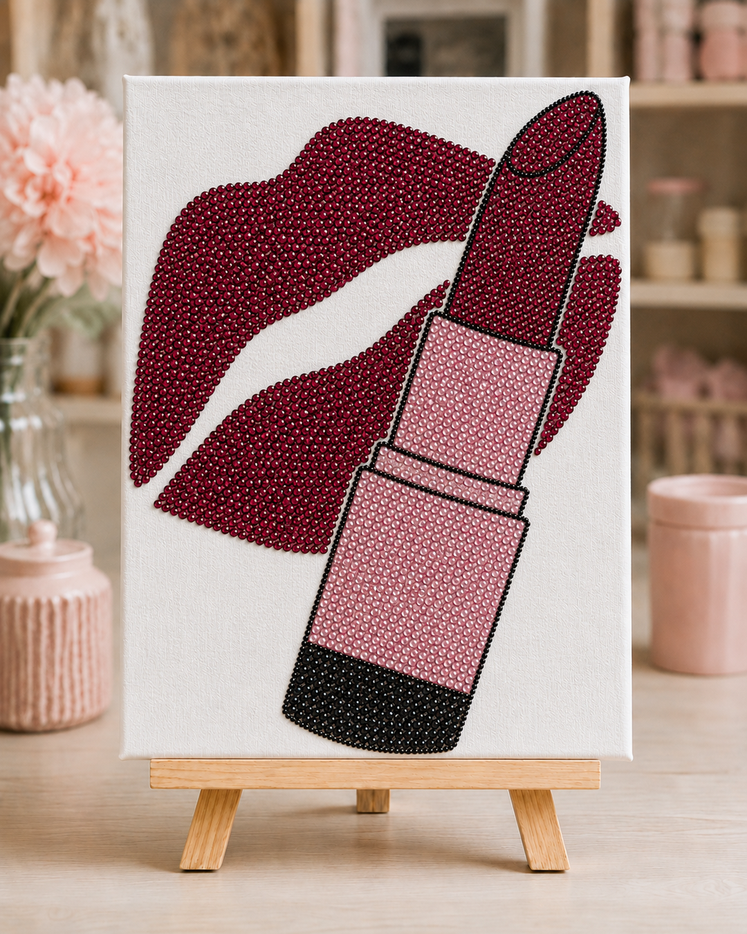 Finished Lip Service rhinestone canvas displayed on a small wooden easel