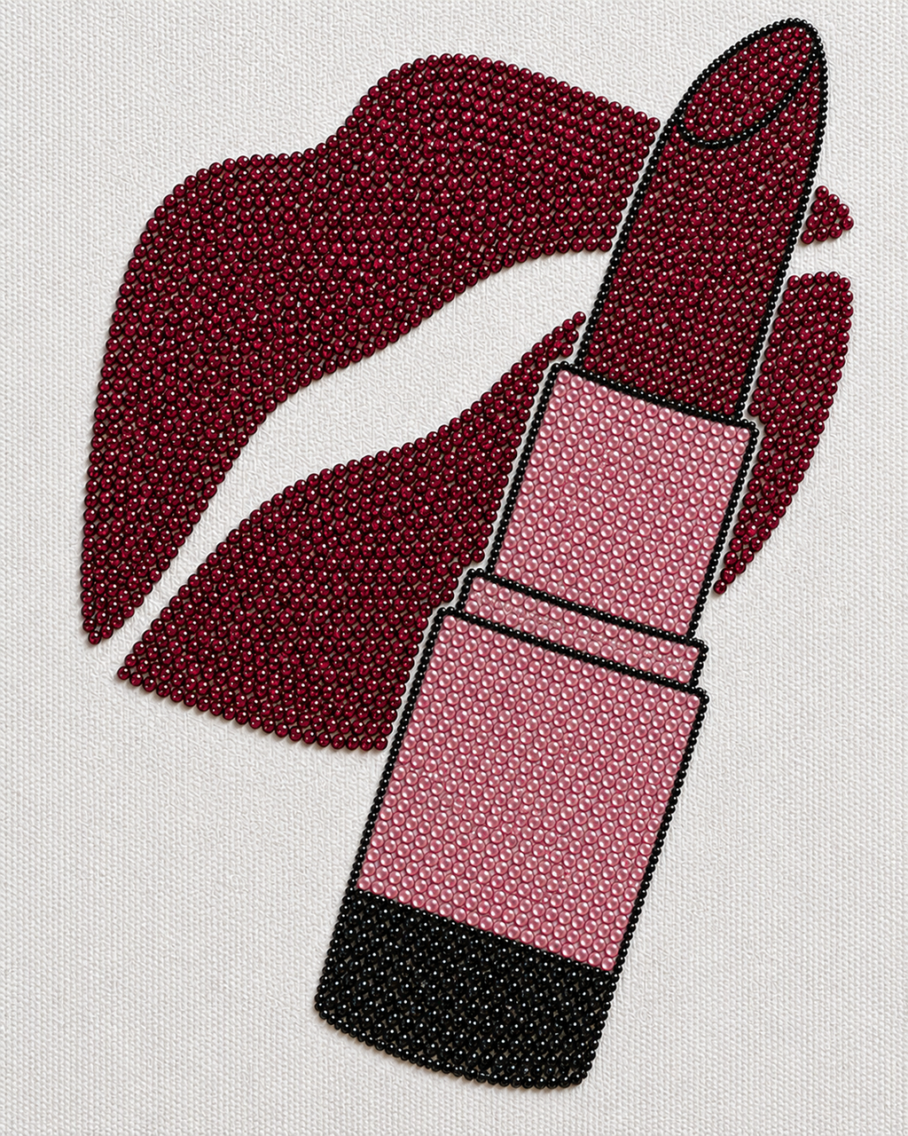 Close-up of raspberry red, blush pink and black rhinestones on the Lip Service design