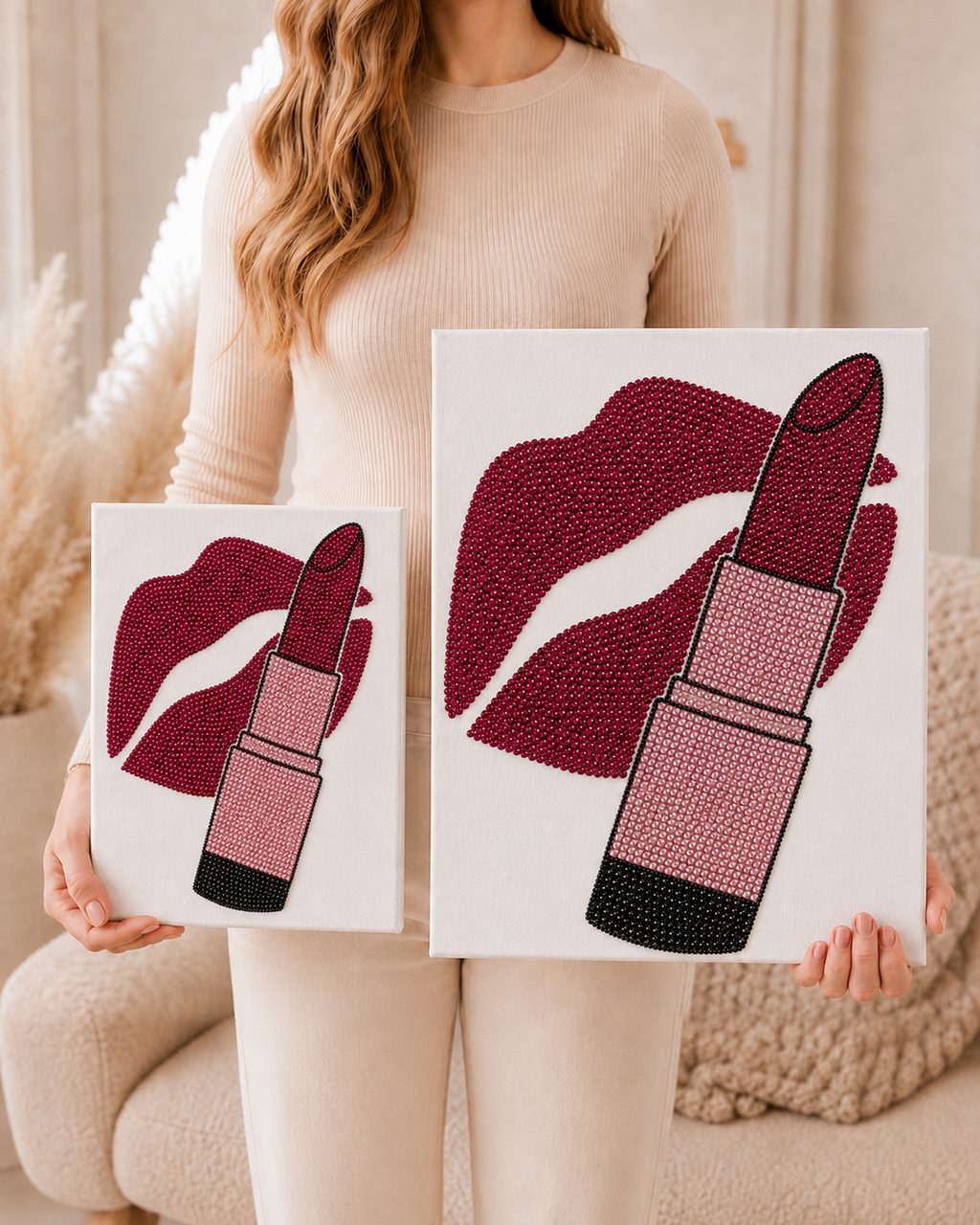 Standard 8 by 10 and Large 11 by 14 Lip Service canvases held side by side
