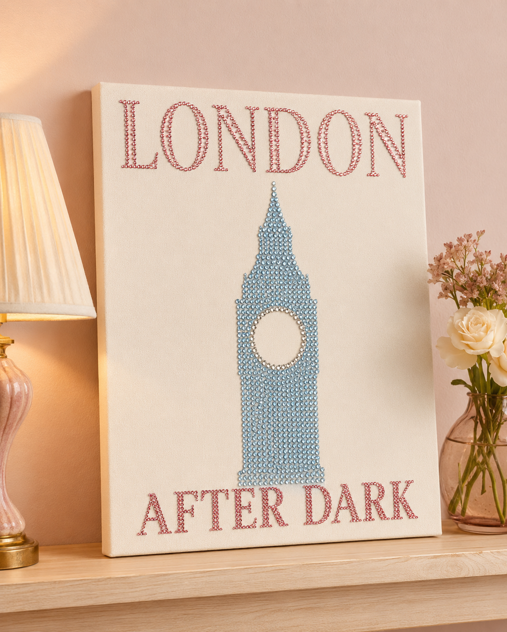 Completed London After Dark bedazzled canvas displayed in a room