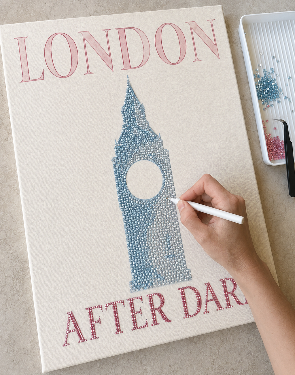 London After Dark Large 11 x 14 canvas being bedazzled