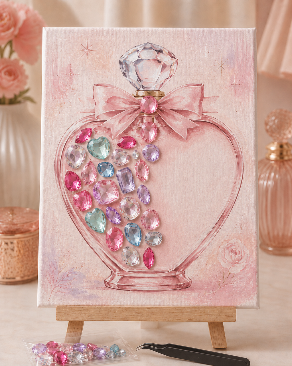 Half-finished heart perfume DIY gem sticker canvas showing freestyle gem placement